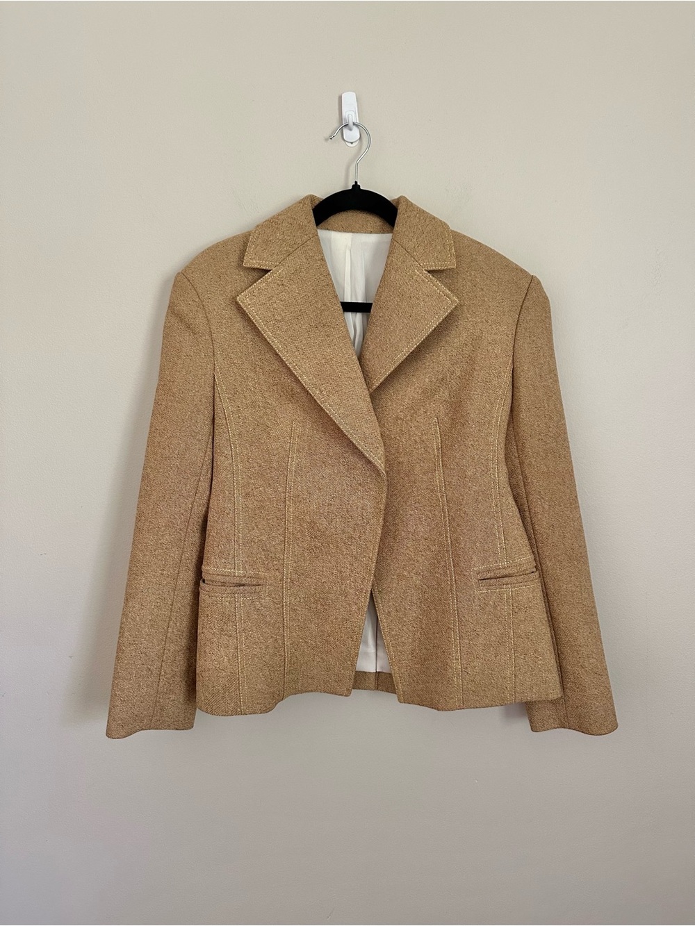Women’s Tan Tweed Blazer Jacket Fitted Tailored Neutral Small Office Business